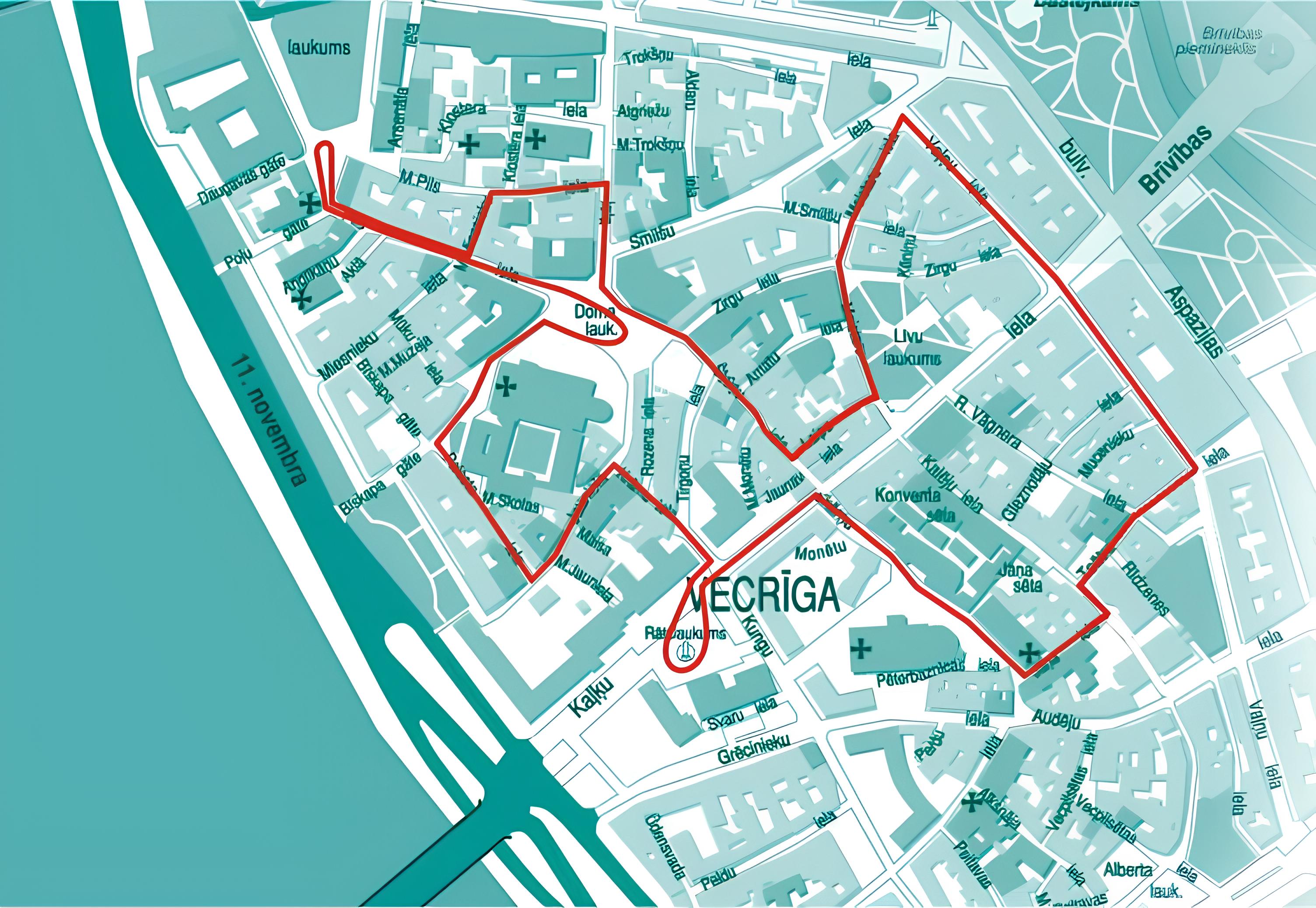 Electrobus sightseeing route map through Old Riga