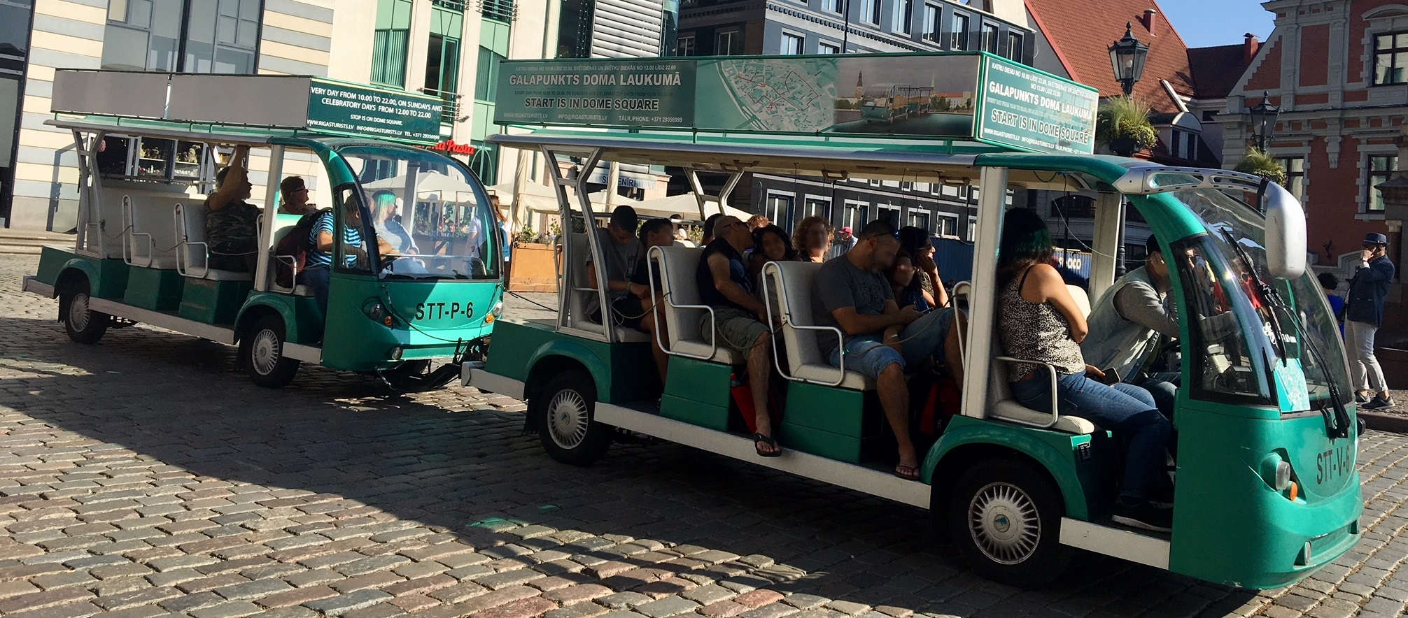 Rīgas Tūrists electrobus in Old Riga cobblestone streets